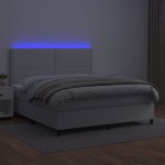 vidaXL Pat cu arcuri, saltea și LED, alb, 160x200 cm, piele ecologică
