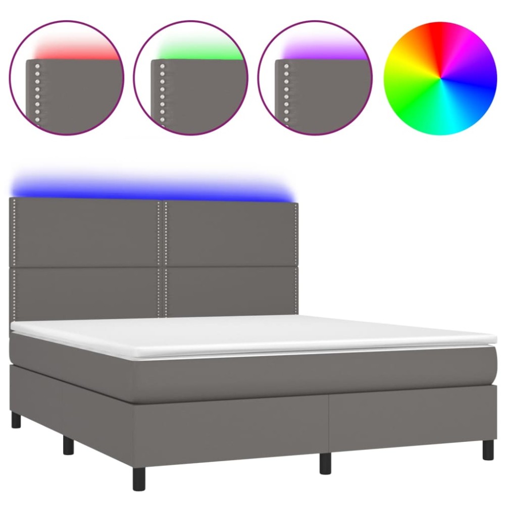 vidaXL Pat cu arcuri, saltea și LED, gri, 180x200 cm, piele ecologică