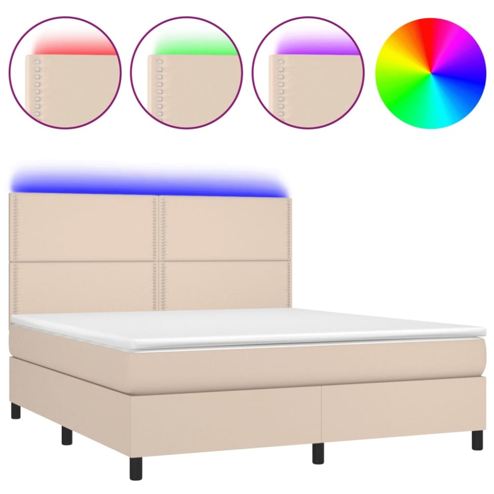 vidaXL Pat cu arcuri, cu saltea și LED cappuccino 180x200 cm piele eco