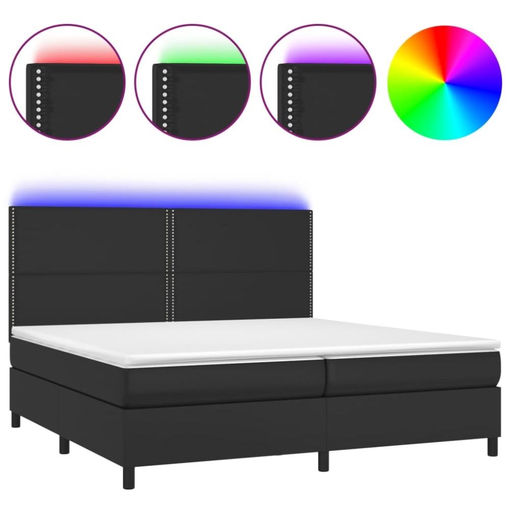vidaXL Pat cu arcuri, saltea și LED, negru, 200x200cm, piele ecologică