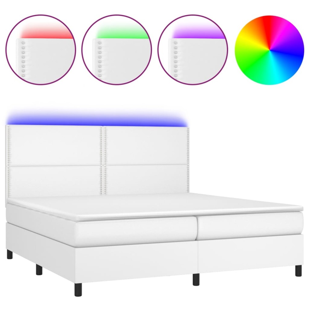 vidaXL Pat cu arcuri, saltea și LED, alb, 200x200 cm, piele ecologică