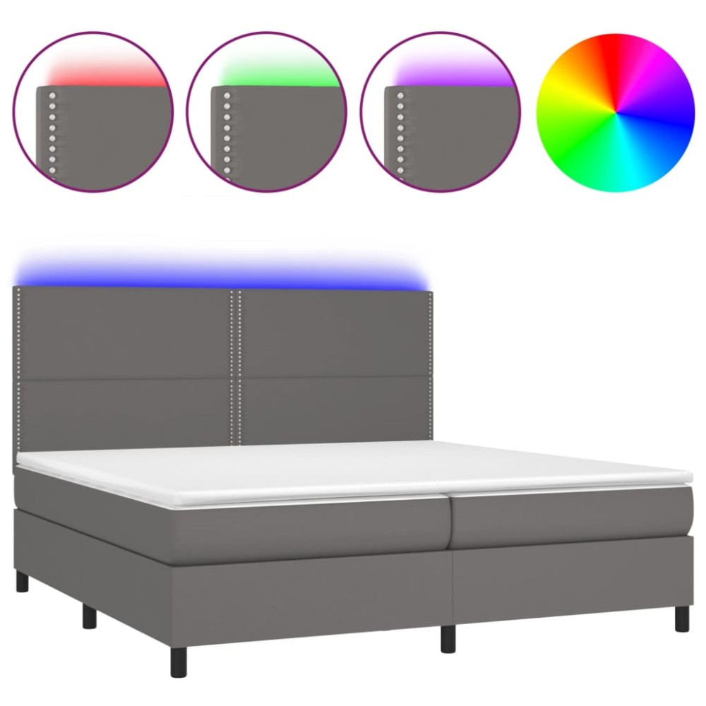 vidaXL Pat cu arcuri, saltea și LED, gri, 200x200 cm, piele ecologică