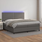 vidaXL Pat cu arcuri, saltea și LED, gri, 200x200 cm, piele ecologică