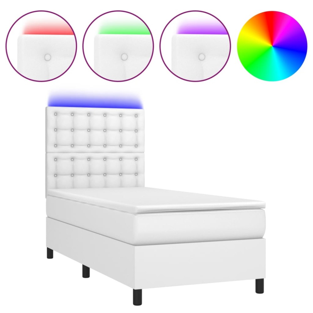 vidaXL Pat cu arcuri, saltea și LED, alb, 90x190 cm, piele ecologică