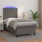 vidaXL Pat cu arcuri, saltea și LED, gri, 90x190 cm, piele ecologică