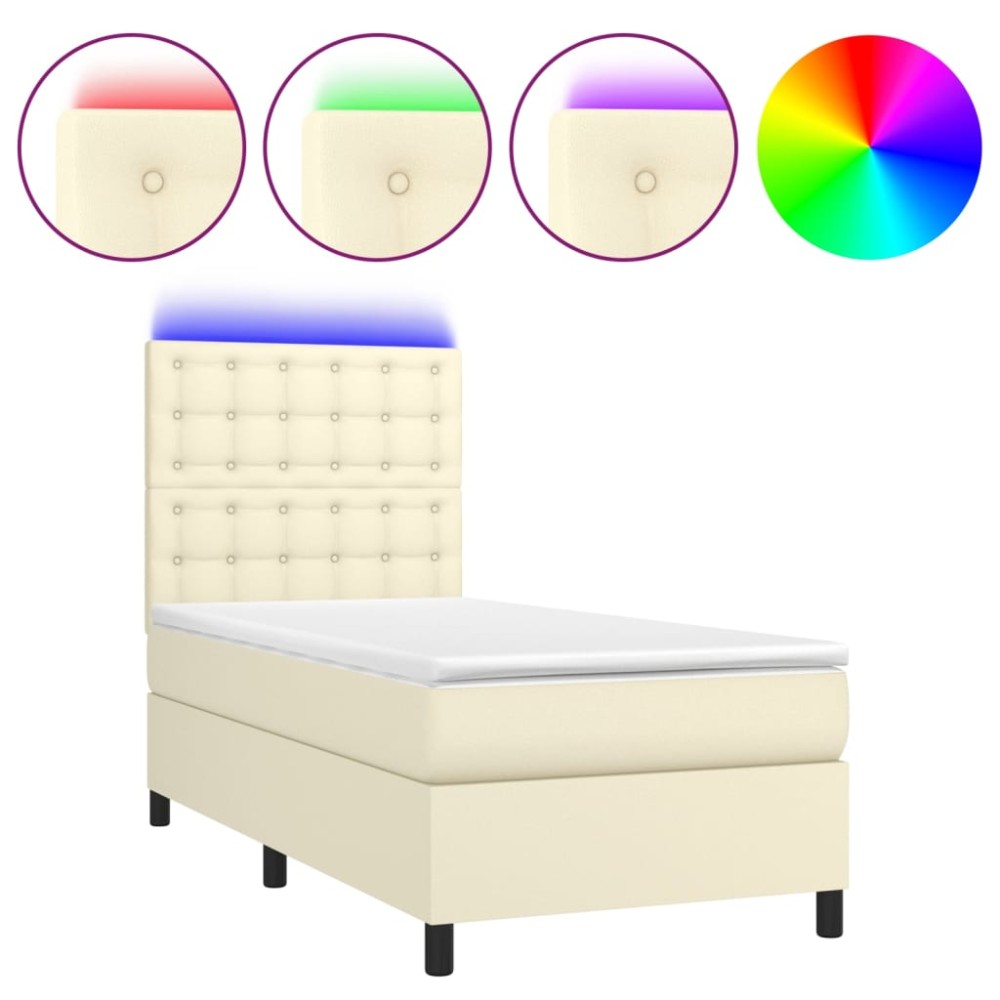 vidaXL Pat cu arcuri, saltea și LED, crem, 100x200 cm, piele ecologică
