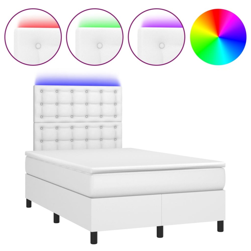 vidaXL Pat cu arcuri, saltea și LED, alb, 120x200 cm, piele ecologică