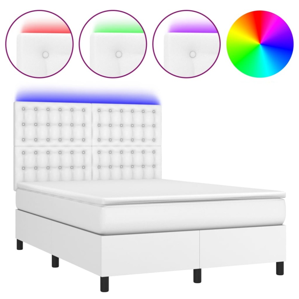 vidaXL Pat cu arcuri, saltea și LED, alb, 140x200 cm, piele eco