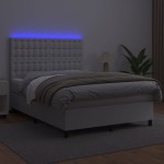 vidaXL Pat cu arcuri, saltea și LED, alb, 140x200 cm, piele eco