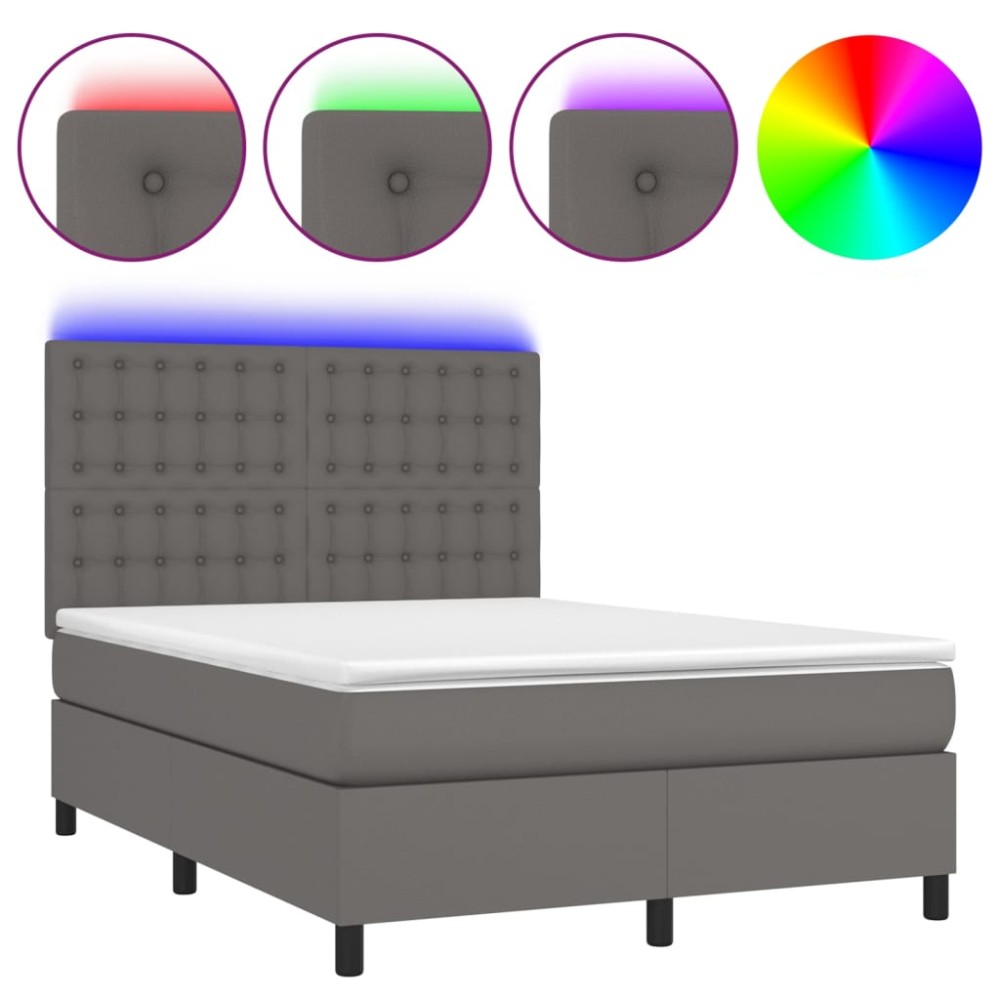 vidaXL Pat cu arcuri, saltea și LED, gri, 140x200 cm, piele eco