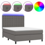 vidaXL Pat cu arcuri, saltea și LED, gri, 140x200 cm, piele eco
