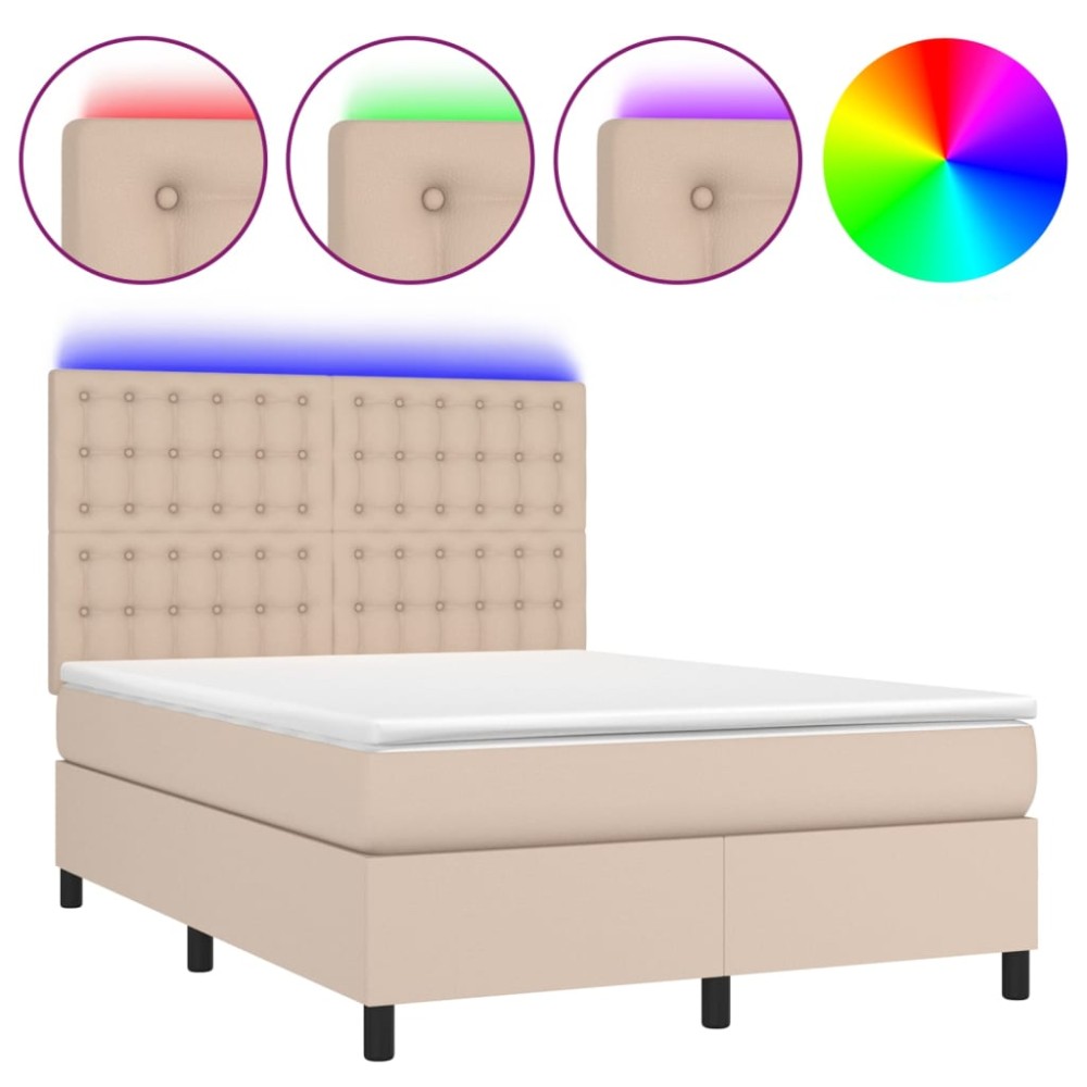 vidaXL Pat cu arcuri, saltea și LED, cappuccino, 140x200cm, piele eco
