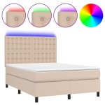 vidaXL Pat cu arcuri, saltea și LED, cappuccino, 140x200cm, piele eco