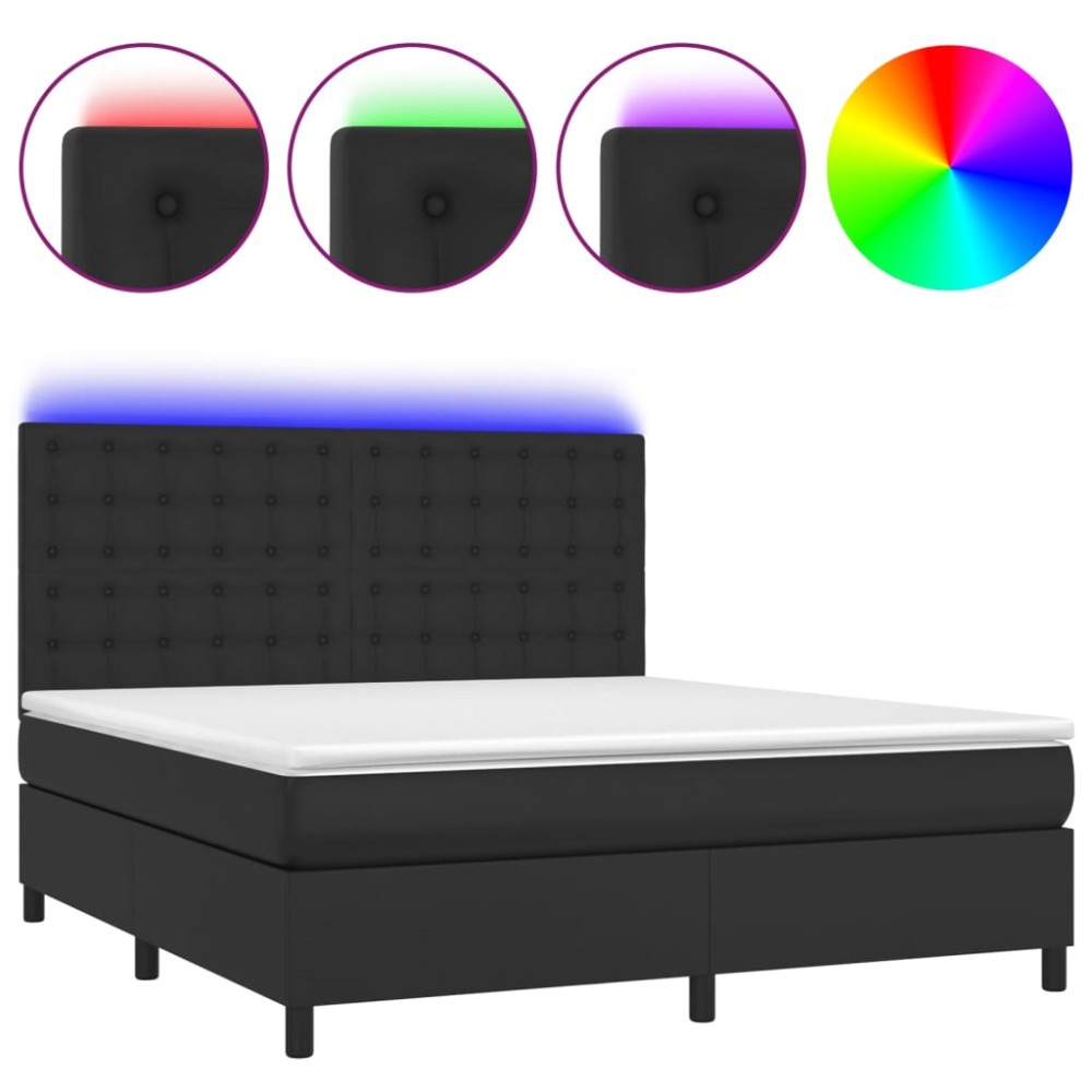 vidaXL Pat cu arcuri, saltea și LED, negru, 160x200cm, piele ecologică
