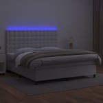 vidaXL Pat cu arcuri, saltea și LED, alb, 160x200 cm, piele ecologică