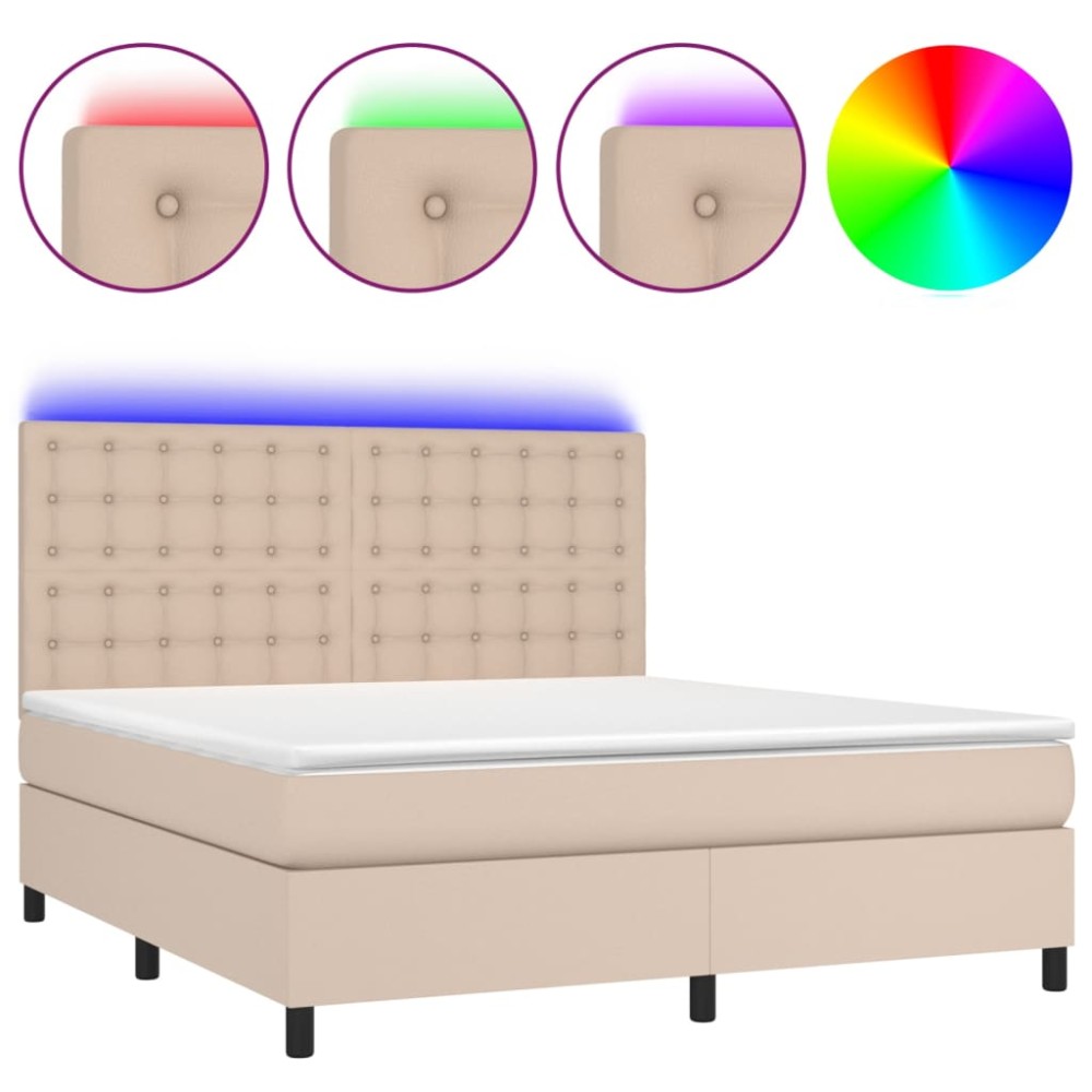 vidaXL Pat cu arcuri, cu saltea și LED cappuccino 180x200 cm piele eco