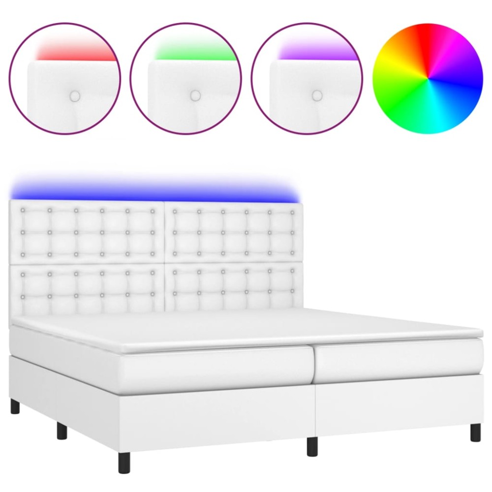 vidaXL Pat cu arcuri, saltea și LED, alb, 200x200 cm, piele ecologică