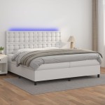 vidaXL Pat cu arcuri, saltea și LED, alb, 200x200 cm, piele ecologică vidaXL Pat cu arcuri, saltea și LED, alb, 200x200 cm, piele ecologică