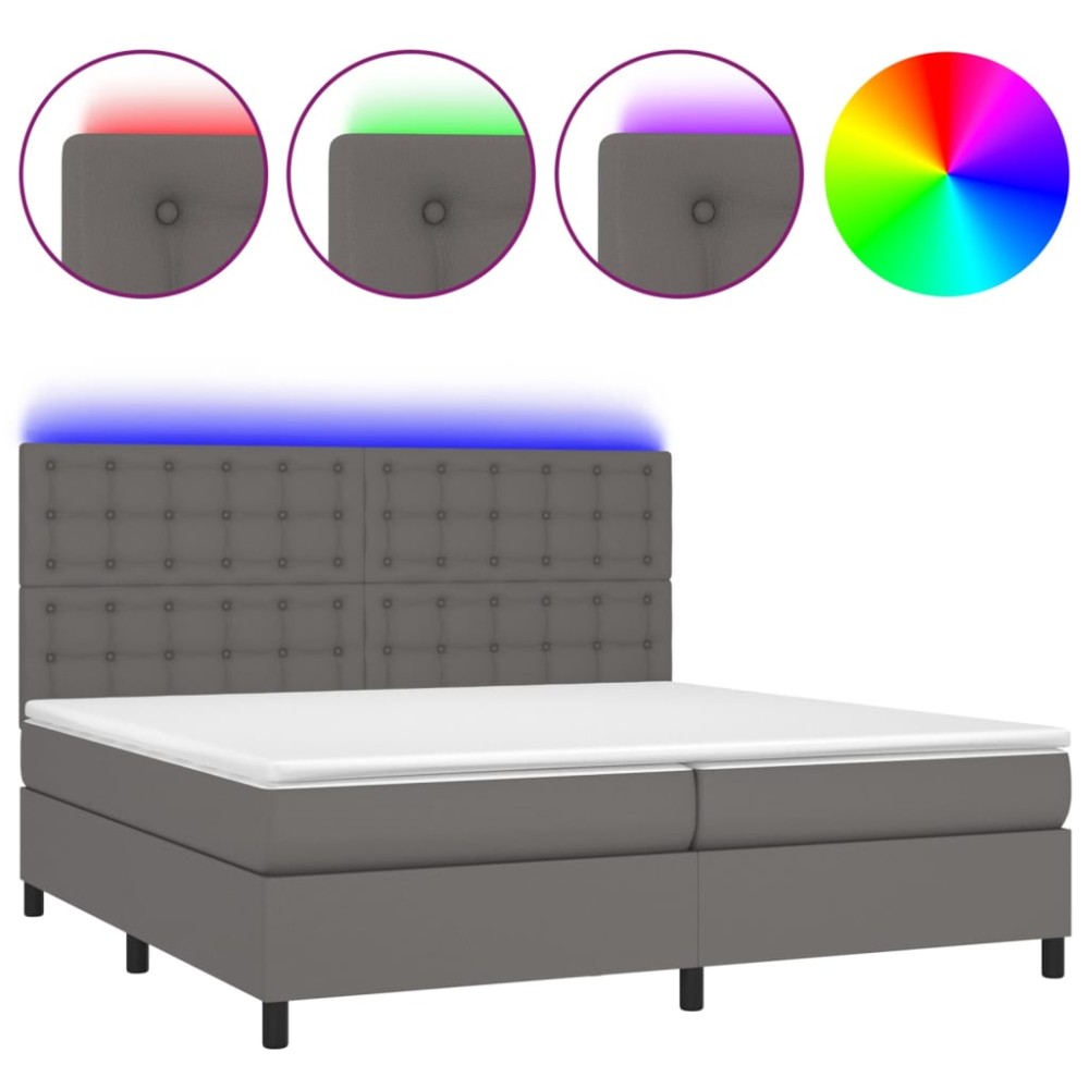 vidaXL Pat cu arcuri, saltea și LED, gri, 200x200 cm, piele ecologică