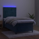 vidaXL Pat cu arcuri, saltea și LED, bleumarin, 90x190 cm, catifea