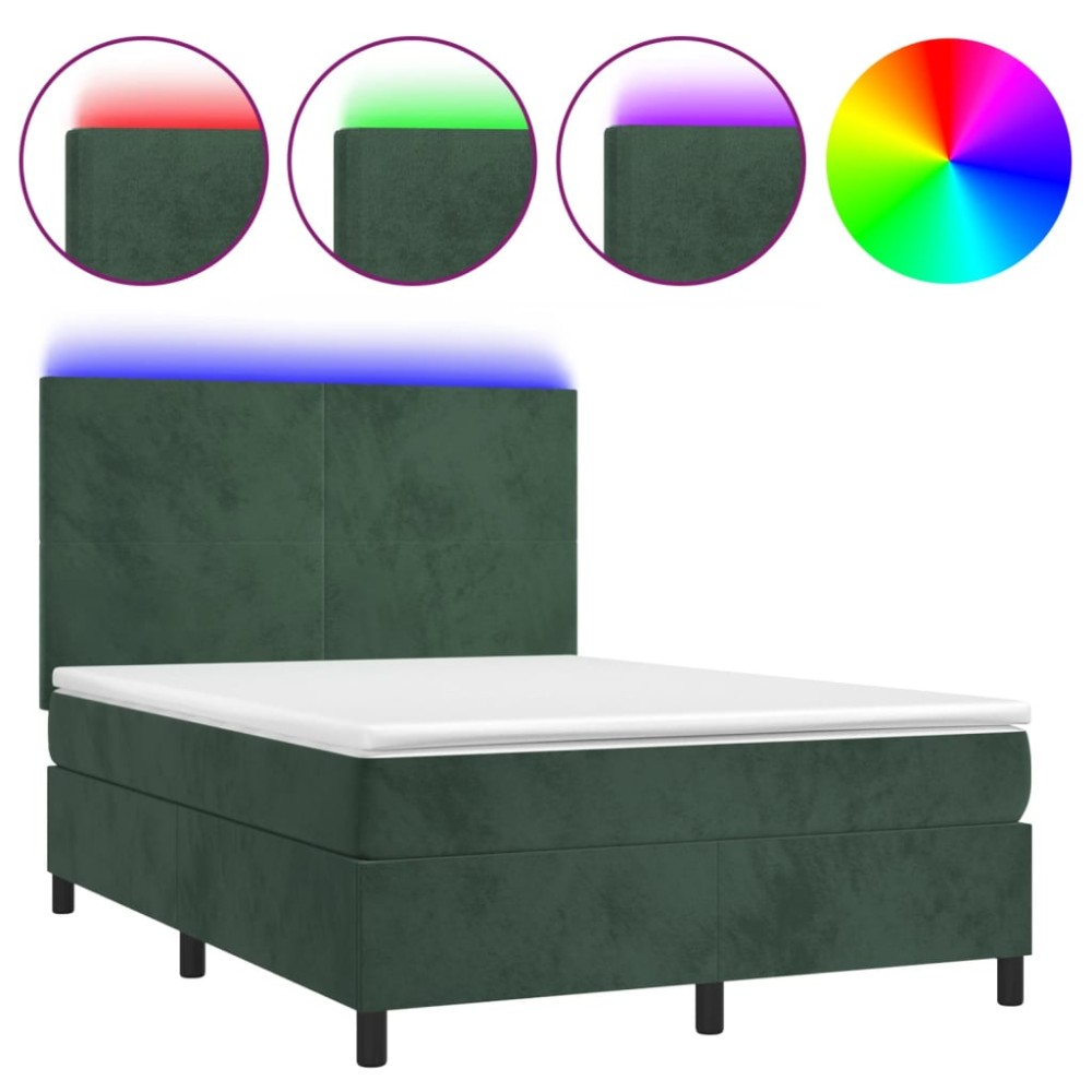 vidaXL Pat cu arcuri, saltea și LED, verde închis, 140x190 cm, catifea