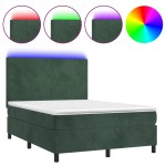 vidaXL Pat cu arcuri, saltea și LED, verde închis, 140x190 cm, catifea