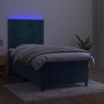 vidaXL Pat cu arcuri, saltea și LED, bleumarin, 90x200 cm, catifea