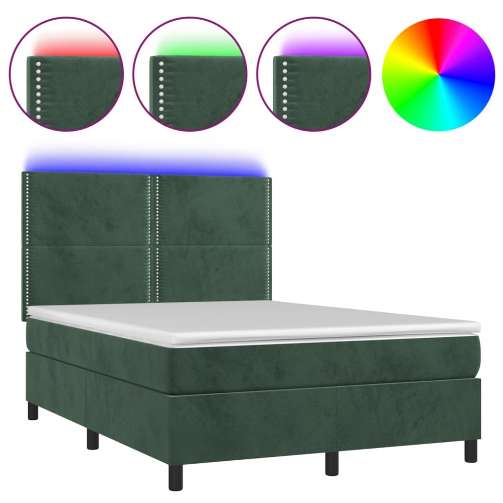 vidaXL Pat cu arcuri, saltea și LED, verde închis, 140x190 cm, catifea