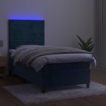 vidaXL Pat cu arcuri, saltea și LED, bleumarin, 90x190 cm, catifea