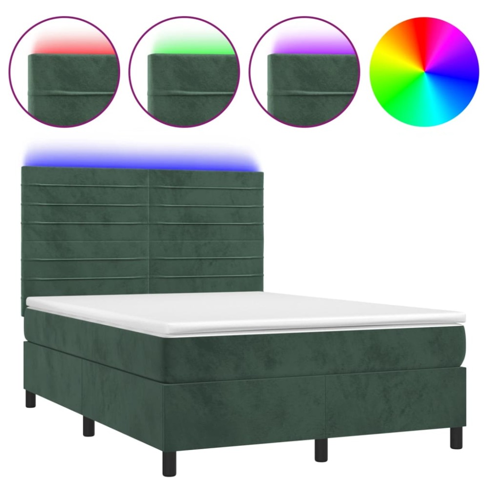 vidaXL Pat cu arcuri, saltea și LED, verde închis, 140x190 cm, catifea