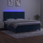 vidaXL Pat cu arcuri, saltea și LED, bleumarin, 160x200 cm, catifea