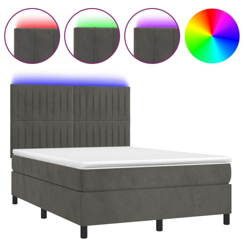 vidaXL Pat cu arcuri, saltea și LED, gri închis, 140x190 cm, catifea