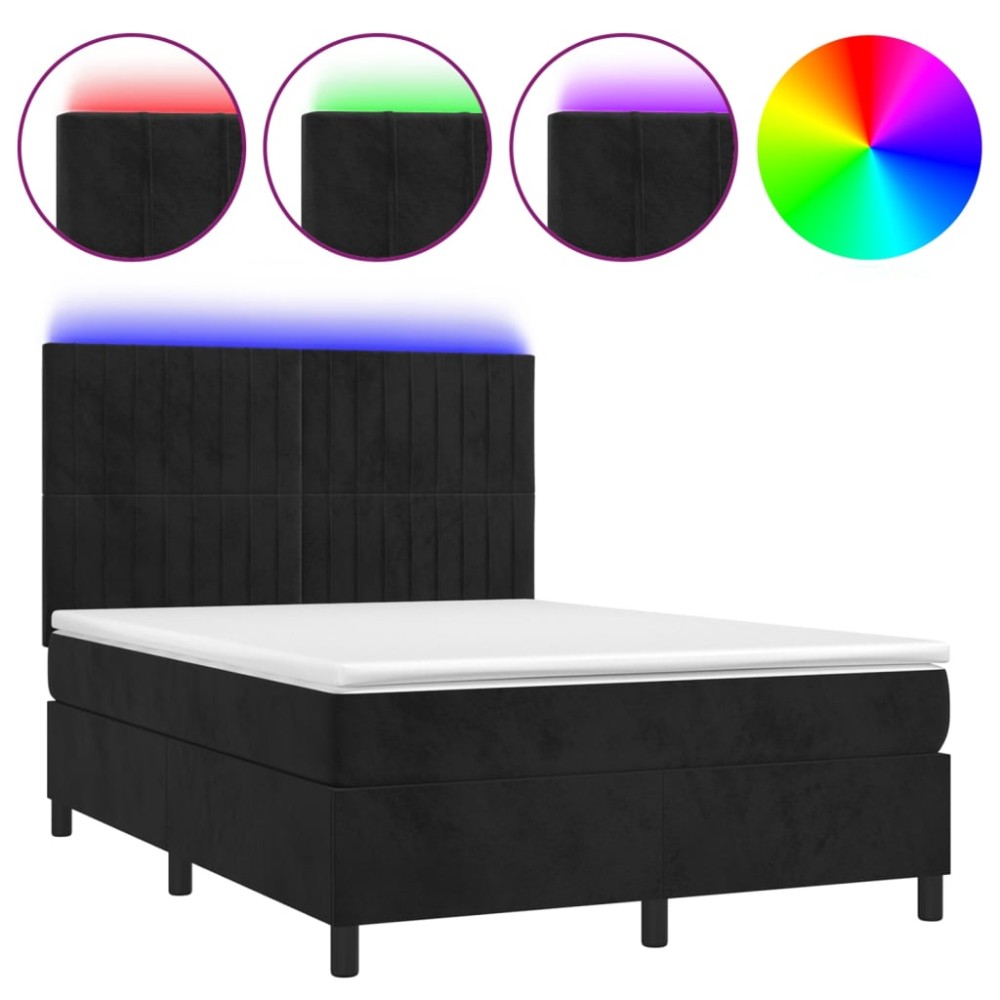 vidaXL Pat cu arcuri, saltea și LED, negru, 140x190 cm, catifea