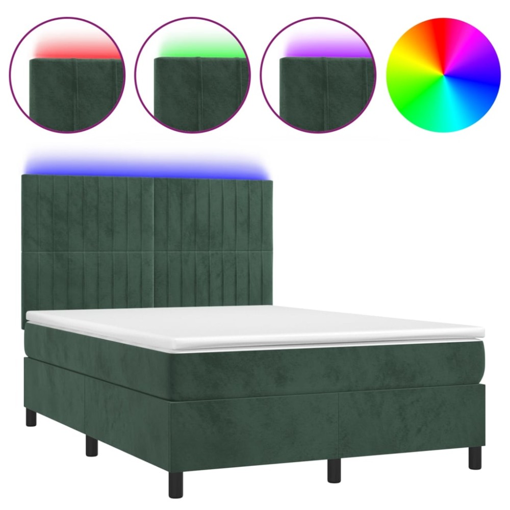 vidaXL Pat cu arcuri, saltea și LED, verde închis, 140x190 cm, catifea