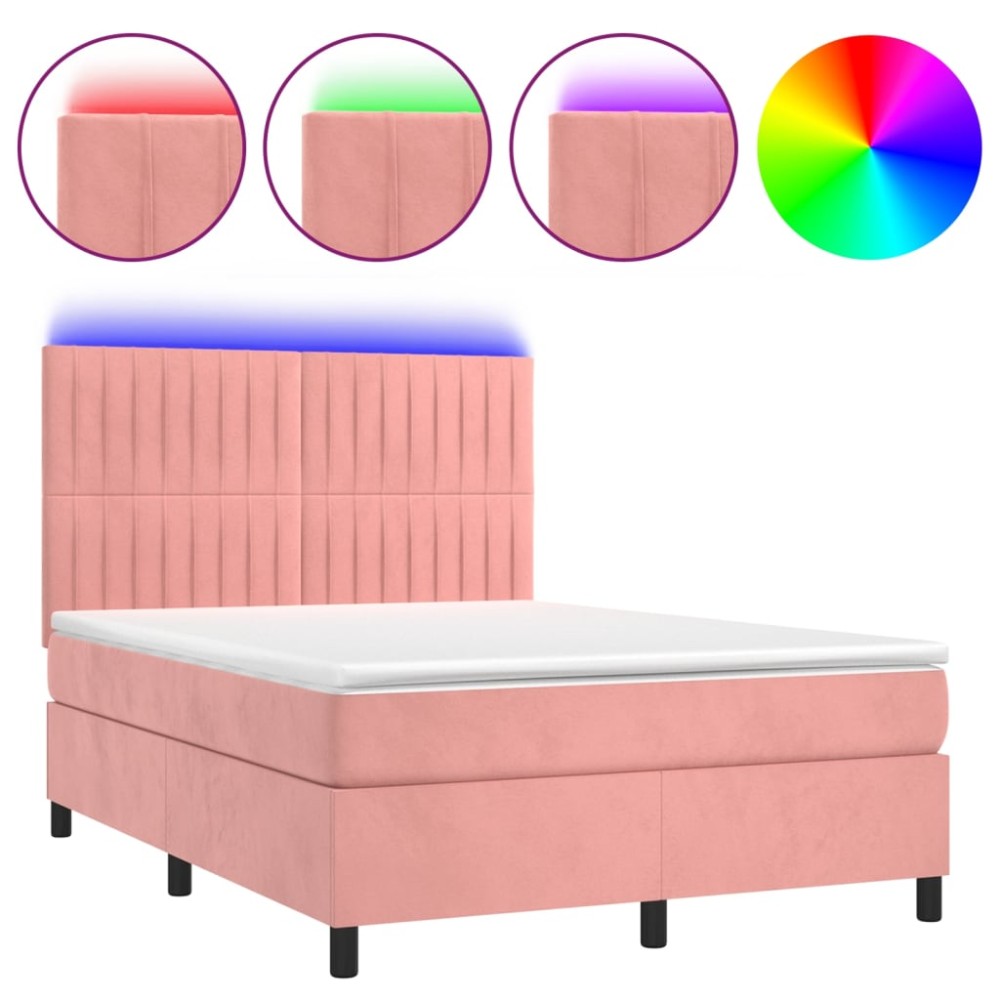 vidaXL Pat cu arcuri, cu saltea și LED, roz, 140x190 cm catifea