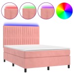 vidaXL Pat cu arcuri, cu saltea și LED, roz, 140x190 cm catifea