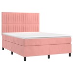 vidaXL Pat cu arcuri, cu saltea și LED, roz, 140x190 cm catifea