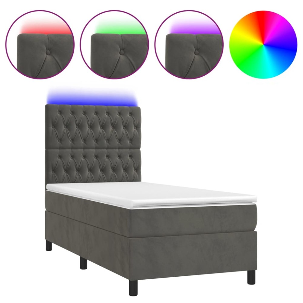 vidaXL Pat cu arcuri, saltea și LED, gri închis, 90x190 cm, catifea
