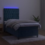 vidaXL Pat cu arcuri, saltea și LED, bleumarin, 90x190 cm, catifea