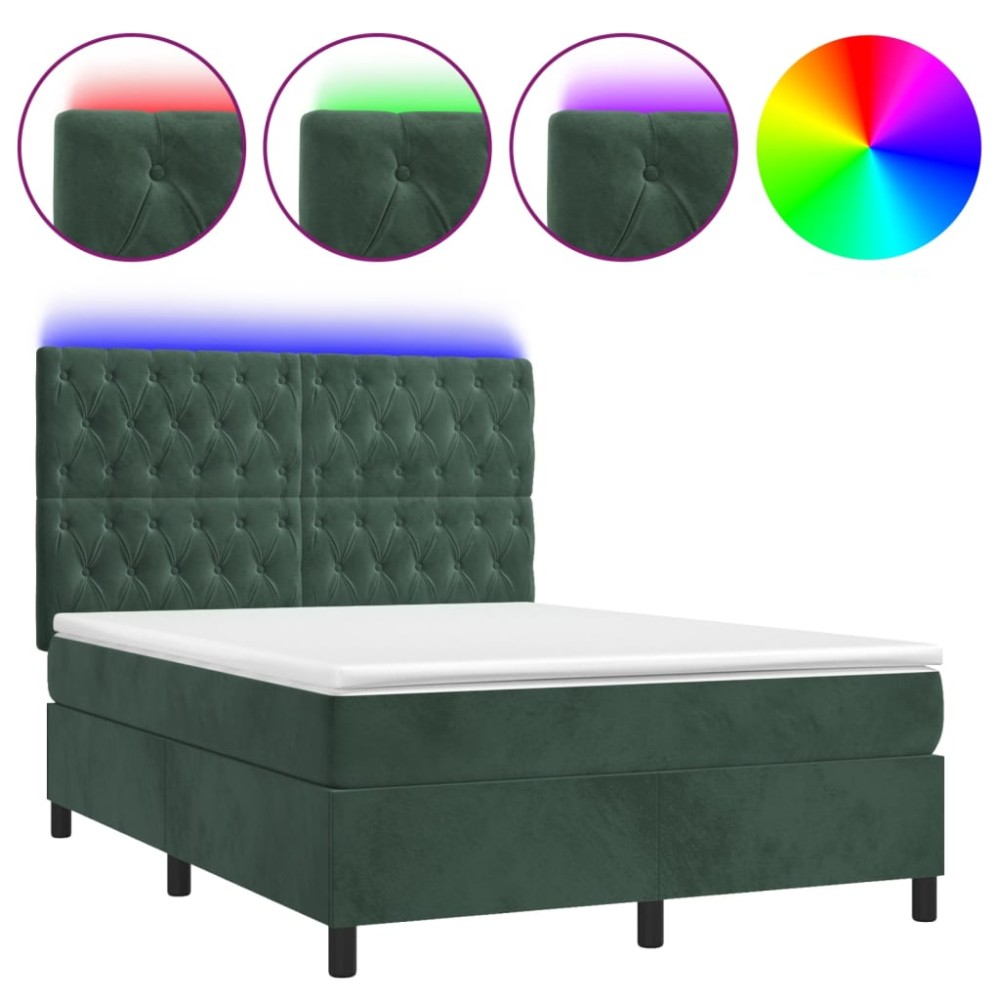 vidaXL Pat cu arcuri, saltea și LED, verde închis, 140x190 cm, catifea