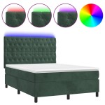 vidaXL Pat cu arcuri, saltea și LED, verde închis, 140x190 cm, catifea vidaXL Pat cu arcuri, saltea și LED, verde închis, 140x190 cm, catifea