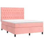 vidaXL Pat cu arcuri, cu saltea și LED, roz, 140x190 cm catifea