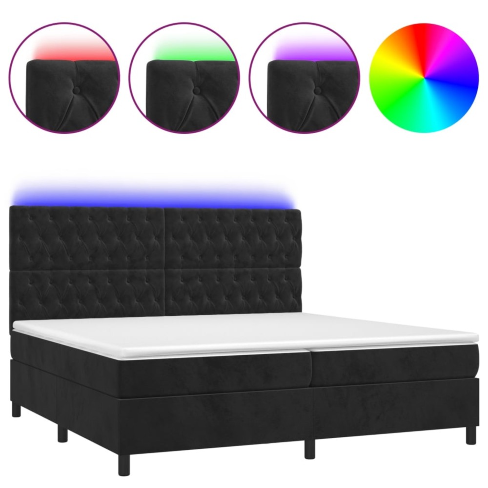 vidaXL Pat cu arcuri, saltea și LED, negru, 200x200 cm, catifea