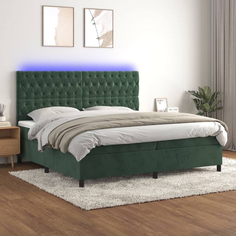 vidaXL Pat cu arcuri, saltea și LED, verde închis, 200x200 cm, catifea
