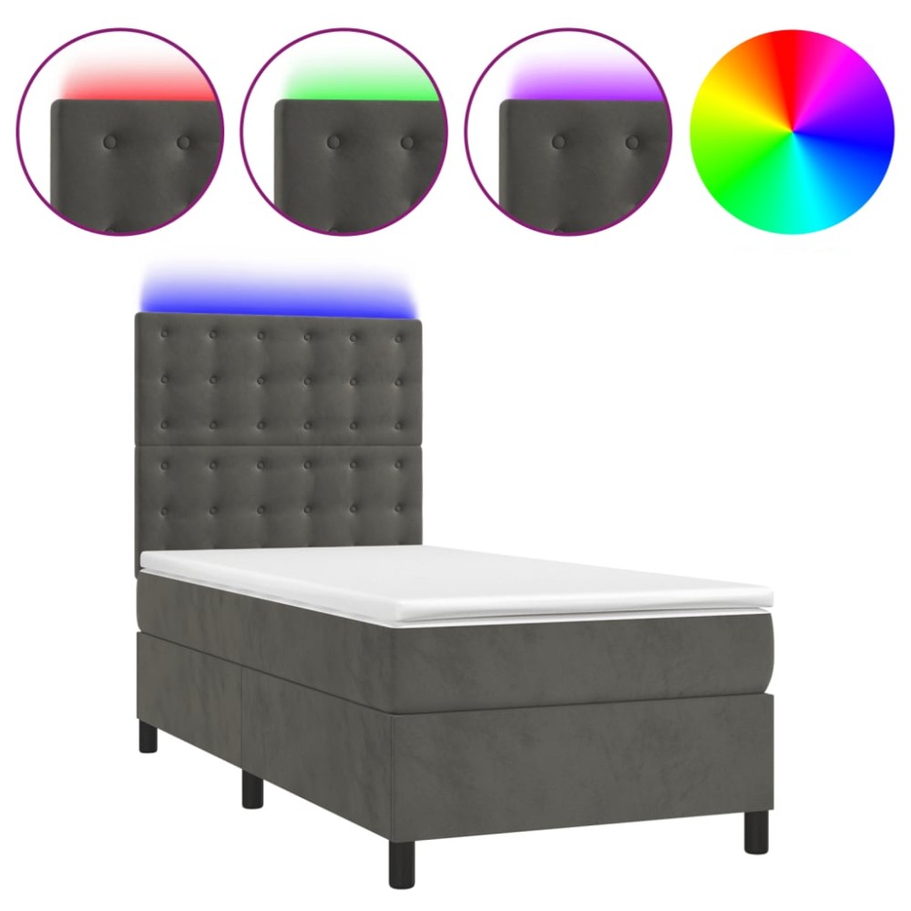 vidaXL Pat cu arcuri, saltea și LED, gri închis, 90x190 cm, catifea