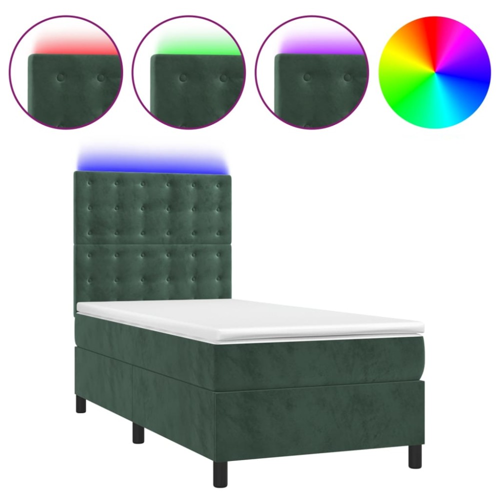 vidaXL Pat cu arcuri, saltea și LED, verde închis, 90x190 cm, catifea
