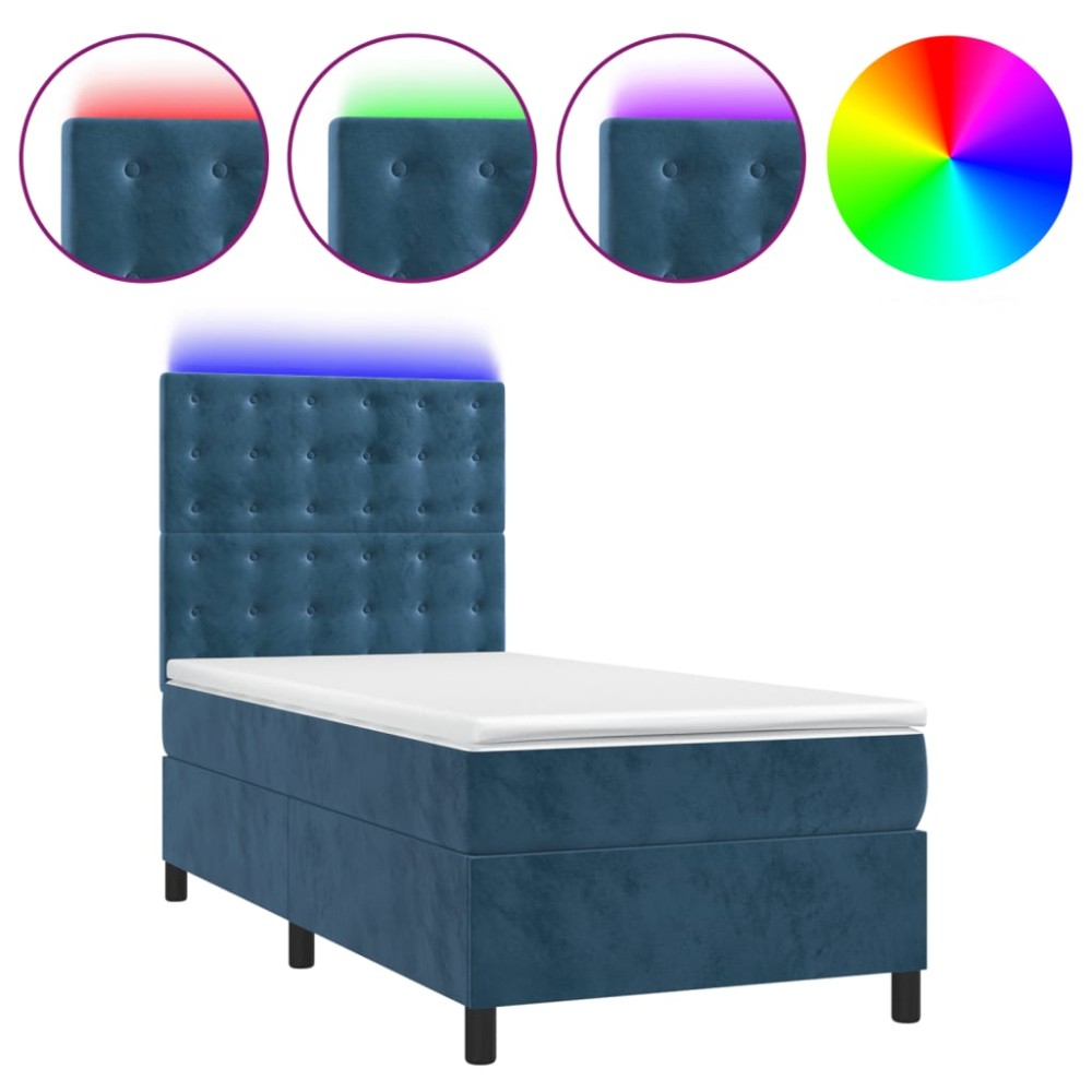 vidaXL Pat cu arcuri, saltea și LED, bleumarin, 90x190 cm, catifea