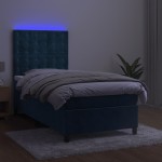 vidaXL Pat cu arcuri, saltea și LED, bleumarin, 90x190 cm, catifea