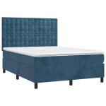 vidaXL Pat cu arcuri, saltea și LED, bleumarin, 140x190 cm, catifea