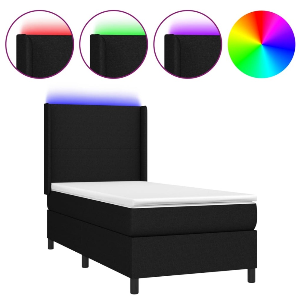 vidaXL Pat cu arcuri, saltea și LED, negru, 90x200 cm, textil